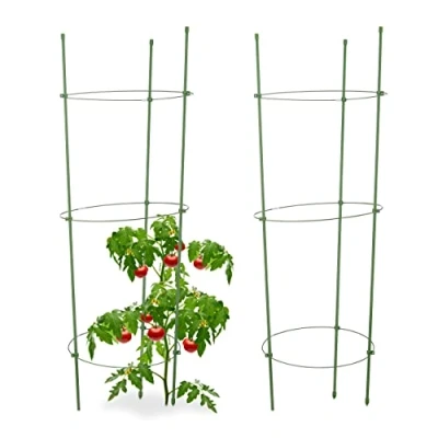 Image de Relaxdays Cage à tomates Tuteur plantes grimpantes, support 3 anneaux, jardin, balcon, set de 2, 76 cm long, vert, 2er