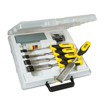 Image de Stanley 5 16 421 Kit Ciseaux À Bois + Embouts Dynagrip Pièces Tête De Frappe En Acier Lame Carbone Inclue une Pierre Aiguiser Et L&#039;Huile