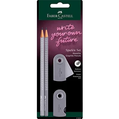 Image de FABER CASTELL 218482 Sparkle Set d&#039;écriture avec 2 crayons à papier, dureté B, gomme et taille crayon, gris pomme