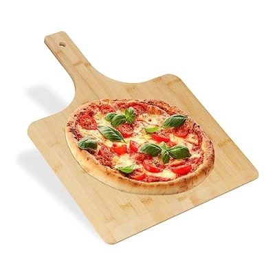 Image de Relaxdays Planche à Pizza, Bambou, 50x38 cm, carrée, spatule, Bords arrondis, avec poignée, Planche, Nature
