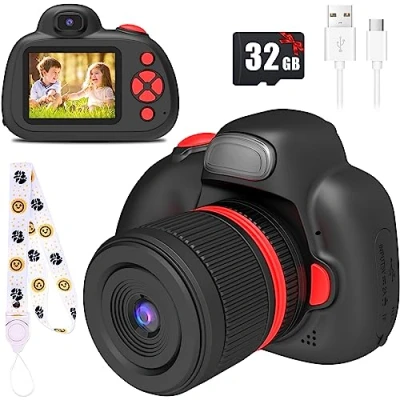 Image de BaFuland Appareil Photo pour Enfants,Appareil numérique Enfants de 3 à 10 Ans, écran IPS 2,4 Pouces,avec Flash,32G Carte Incluse, Jouets Cadeau d&#039;anniversaire Noir