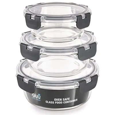 Image de Lot de 3 récipients ronds en verre empilables Stockage des aliments Compatible congélateur, micro ondes, four et lave vaisselle, bols sans BPA Couvercles hermétiques (différentes tailles)