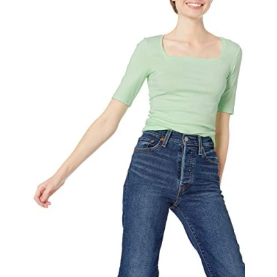 Image de Amazon Essentials T Shirt Ajusté à Manches Mi Longues et Col Carré Femme, Vert, L