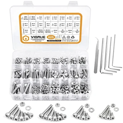Image de VIGRUE Lot de 625 vis M3 M4 M5 M6 à six pans creux en acier inoxydable écrous et rondelles Assortiment hexagonales 304 dans une boîte rangement