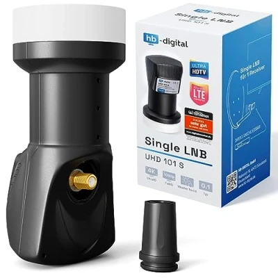 Image de HB DIGITAL Universal Single LNB Noir UHD 4K Full HD DVB S/S2 Facteur de bruit 0,1 dB pour un récepteur satellite (connexion directe) Contacts dorés Protection contre les intempéries