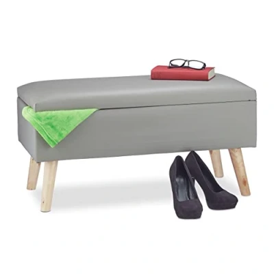 Image de Relaxdays Banc de Rangement Banquette Similicuir Coffre 40 litres 4 Pieds Ottoman Pouf Tabouret HxlxP: x 80 39,5 cm, Gris