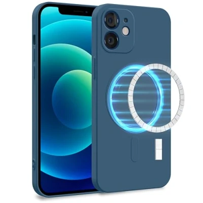 Image de MyGadget Coque Silicone [ Compatible avec MagSafe ] Apple iPhone 12 Case TPU Souple &amp; Soft Doublure Microfibre Cover Protection Bleu Foncé
