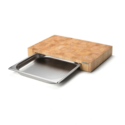 Image de Continenta Planche à découper en hévéa Bois de Bout avec 1 tiroir (bac Gastro INOX) 48 x 32,5 6,5 cm