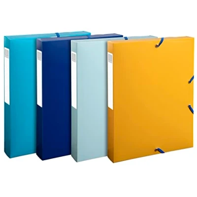 Image de Exacompta Réf. 59140E Carton de 8 boîtes classement avec élastiques Bee Blue en polypropylène recyclé dos 4 cm dimensions 25 x 33 pour A4 couleurs assorties livrées montées