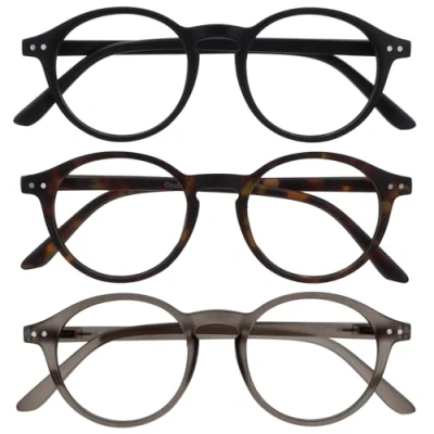 Image de OPULIZE REY Lunettes de Lecture Lot 3 Montures Rondes Rétro Noir, Marron Écaille, Gris Hommes Femmes Charnières à Ressort RRR56 127 +1.50