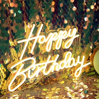 Image de DAKABUKA Panneau lumineux LED néon « Happy Birthday » Décoration de fête d&#039;anniversaire Fonctionnement USB Blanc chaud murale pour chambre à coucher 5 V