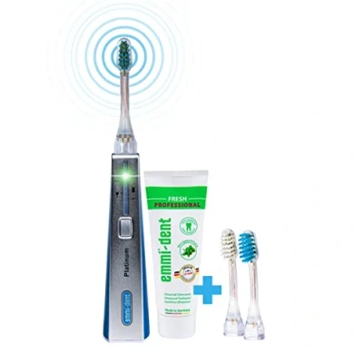 Image de emmi dent Platinum Brosse à Dents Électrique Ultrasons (kit de Base Bleu) I Idéal pour et Gencives Sensibles Brossage Optimal des sans Frottement Autonomie Piles Jusqu&#039;à 15 Jours