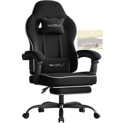 Image de WOLTU Chaise Gaming, Fauteuil avec Coussin à Ressorts Ensachés, Ergonomique, Charge 150kg, Appui tête, Support Lombaire, Repose Pieds, Tissu Maille, Noir, GS11sz