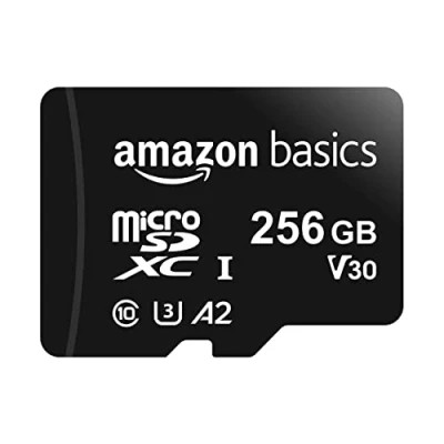 Image de Amazon Basics Carte Mémoire MicroSDXC, 256 GB, avec Adaptateur SD, A2, U3, vitesse de lecture maximale 100 Mb/s, Noir