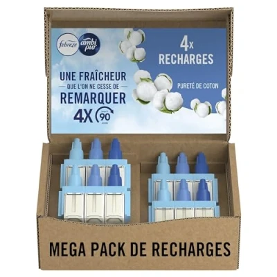 Image de Ambi Pur Febreze 3Volution Recharges Diffuseur Parfum Maison Électrique Pureté de Coton (4x 20ml), Désodorisant Smart Programming avec 3 Parfums En Alternance, Élimination Des Odeurs