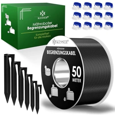 Image de KESSER® câble de délimitation 50 m + 200 piquets 12 connecteurs pour Robot Tondeuse à Gazon, kit d&#039;accessoires Universel Compatible avec Gardena, Bosch, Worx, Honda, ROBOMOW