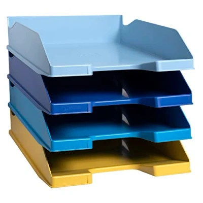 Image de Exacompta Réf. 113202SETD Set de 4 corbeilles à courrier COMBO MIDI Bee Blue dimensions 34,6 x 25 24,3 cm pour documents au format A4+ certifié Ange Bleu couleurs assorties