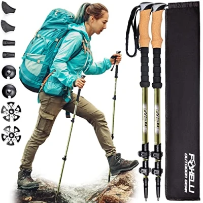 Image de Foxelli Bâtons de randonnée en fibre carbone, légers et pliables, absorbant les chocs avec poignées liège naturel, verrous à rabat, accessoires 4 saisons/tout terrain sac transport