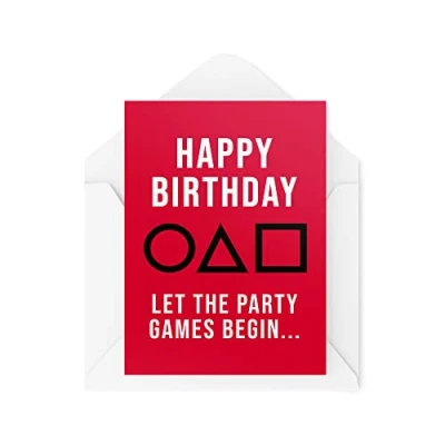 Image de Tongue in Peach Cartes d&#039;anniversaire amusantes Let The Games Begin Novelty Banter Squid Game Netflix Dark Humour Series Colleague Bestie CBH665
