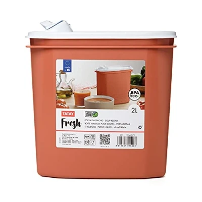 Image de TATAY BoÎte à Soupe, Capacité 2L, sans BPA, Passe au Lave vaisselle et Micro ondes, Orange, 1 unité. Dimensions 18,4 x 9,7 19 cm