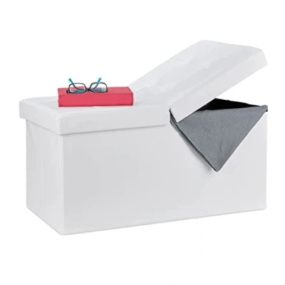 Image de Relaxdays Banquette, avec espace de rangement, pliable, Apparence en cuir, couvercle rabattable, Banc coffre, blanc