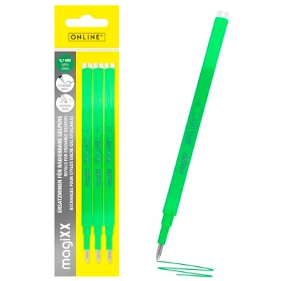 Image de Online 3x recharge roller effaçable vert, compatible avec magiXX, Frixion etc., pour stylos à encre gel effaçables, pointe moyenne, rechargeable