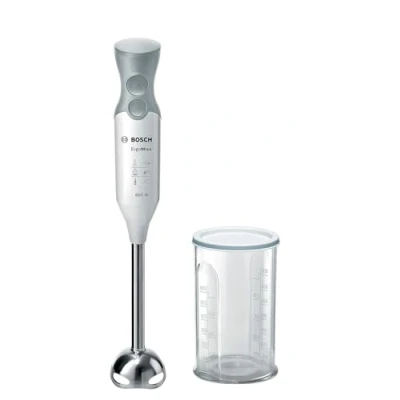 Image de Bosch, mixeur plongeant, ErgoMixx, moteur 600 watts, variateur de vitesse, système mixage QuattroBlade, accessoires inclus, blanc/gris, MSM66110