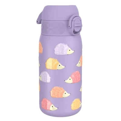 Image de Ion8 Gourde Enfant Inox 400ml, Anti Fuite, Facile à Ouvrir, Verrouillage Sécurisé, Lavable au Lave Vaisselle, Poignée de Transport, Nettoyer, Durable, Acier Inoxydable, Motif Hérisson