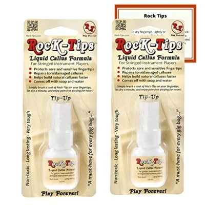 Image de Rock Tips Formule liquide pour callosités Lot de 2 guitaristes, basses et instruments à cordes Protections doigts guitaristes Comprend bouteilles 4 ml une carte