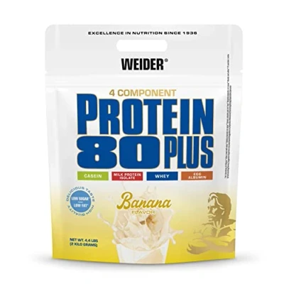 Image de WEIDER Protein 80 Plus protéine en poudre, Banane, faible teneur glucides, mélange de lactosérum caséine multi composants pour shakes protéinés, 2kg