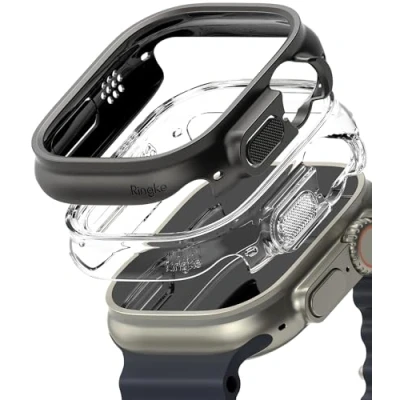 Image de Ringke Coque Compatible avec Apple Watch Ultra 2/1 49mm [Slim] Transparente Solide Rigide Bumper pour Clear &amp; Titanium Black (2 Pack)