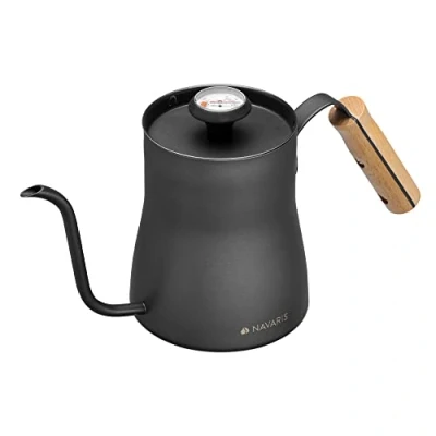 Image de Navaris Bouilloire avec thermomètre à café 1 L en Acier Inoxydable Bec verseur col de Cygne et poignée Bois Infusion Marc