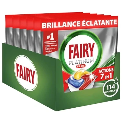 Image de Fairy Platinum Plus Tout en 1 Pastilles Lave Vaisselle, 114 Capsules, Citron, Technologie Anti Terne,Nettoyage Optimal Pour Une Vaisselle Propre Comme Neuve, Redonne De L’Éclat Et Prévient Le Calcaire