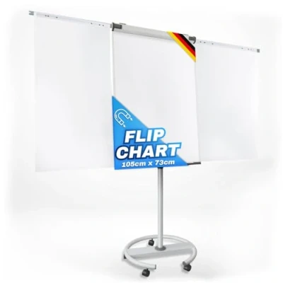 Image de Tableau de présentation avec trépied ou pied à roulettes Shark blanc inscriptible, effaçable et magnétique Support papier pour blocs différentes tailles