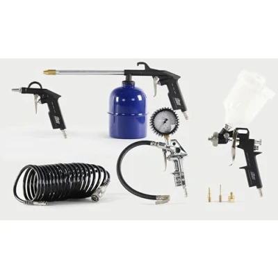 Image de FIAC Kit d&#039;Accessoires Compresseur 8 Pièces, avec Gonfleur de Pneus Professionnel Homologué CEE Manomètre, Soufflette, Aérographe, Pistolet Lavage, Tuyau 5m, 3 Embouts, Max. bar, Noir