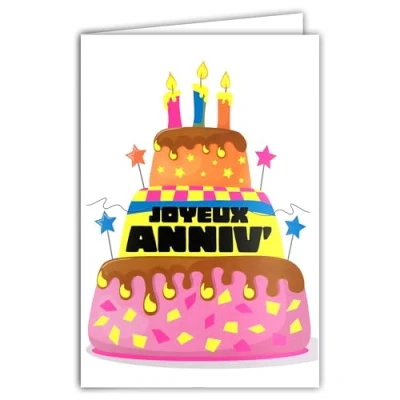 Image de 69 8132 Carte FLUO Joyeux Anniversaire Gâteau à étages 3 Bougies allumées étoiles Avec Enveloppe 12x17,5cm Intérieur Blanc pour écrire Véritables encres Créé et Fabriqué en France