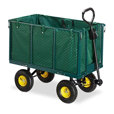 Image de Relaxdays Chariot de Jardin, Grosse charrette à Bras avec côtés rabattables,bâche Amovible, poignées