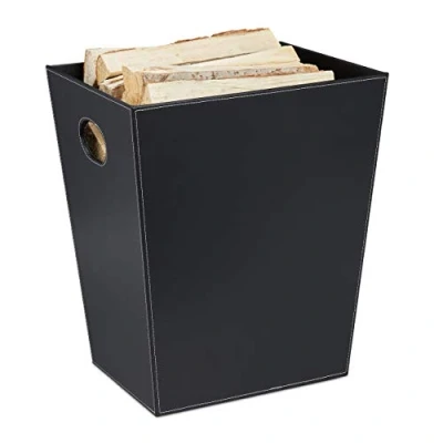 Image de Relaxdays Panier à bois, range buches en similicuir, rangement &amp; transport, porte revues avec poignées, cheminée, noir