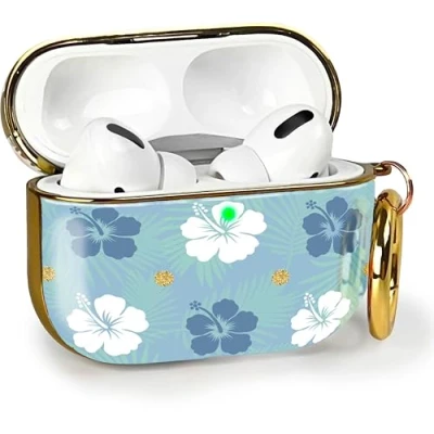 Image de MyGadget Coque [ Motif Floral ] Compatible avec Apple Airpods Pro 2e Génération (2022) Boîtier Recharge à Induction Case Mousqueton &amp; LED Visible Étui Bleu Blanc