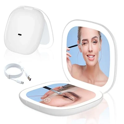 Image de Aicharynic miroir de poche LED avec grossissement 1X/10X, grossissant lumière, voyage intensité variable et lumière double face, pliable, cadeau pour fille