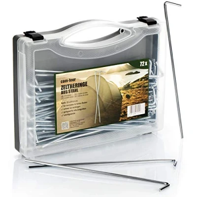 Image de com four® 72x piquets de Tente en Acier avec boîte Rangement Sol Longs et Robustes pour Le Camping l&#039;extérieur idéal Les sols normaux Ø 4 mm