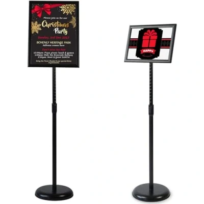Image de VAIIGO support de panneau A4 réglable en aluminium avec cadre encliquetable, menu et publicitaire remplaçable coin sécurité base ronde stable (noir, A4)