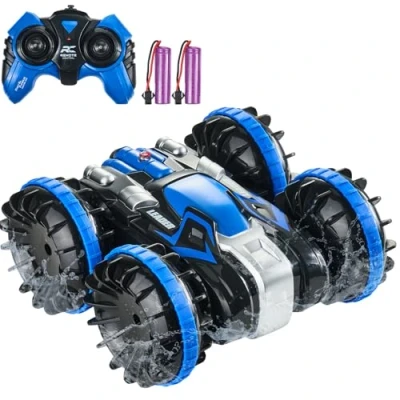 Image de VEVOR Voiture Télécommandée Amphibie, 2,4 GHz 12 km/h, RC Étanche 4WD Tout Terrain pour Enfants, Cascadeuse Rotative à 360, Jouet de Piscine Garçons Filles 6 Ans et Plus, Bleu