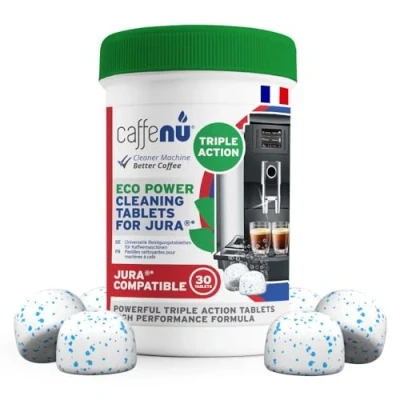 Image de tablettes de nettoyage compatibles Jura. 30 nettoyantes pour machines à café. Nettoie les pièces internes, le porte filtre, zones inaccessibles.