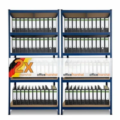 Image de OfficeMarshal l Lot de 2 étagères pour charges lourdes bleues, 180 x 90 40 cm Étagère rangement, étagère sur pied, système d&#039;emboîtement montable sans outils (Lakota)