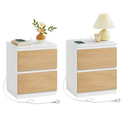 Image de VASAGLE Lot de 2 Table Chevet avec Multiprise, d&#039;Appoint, Tiroirs, Prises CA, 1 Port USB, Prise USB C, pour Salon, Chambre, Bureau, Moderne, Jaune Amande LET821Y02