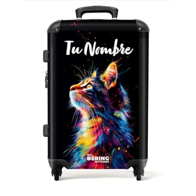 Image de NoBoringSuitcases.com Valise Enfant, Grande Valise, Personnalisable, Roulette Serrure TSA, 23kg, Taille (67cm 72L), (Profil de Chat coloré Noir)