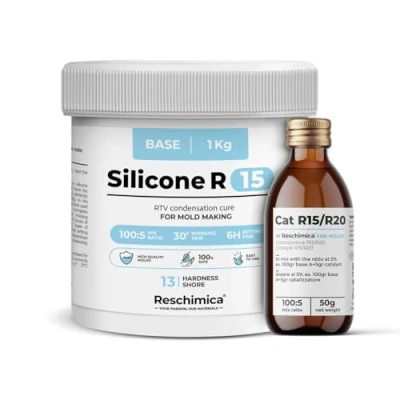 Image de caoutchouc de silicone R15 pour moule souples (13 ShoreA), bi composant, durcissement rapide (6h), coulée blanc semi brillant la reproduction modèles et bijoux (1 kg)