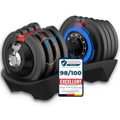 Image de DH FitLife haltère réglable 1,5 à 18 kg avec base de rangement pour la musculation femme et homme, set d&#039;haltères plaques poids, gain place l&#039;entraînement, poids variables 12 en 1