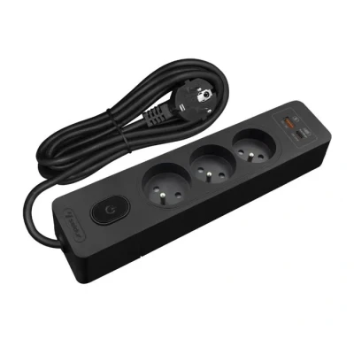 Image de Multiprise SELDUR G3FH32S, 3 prises type E + interrupteur, USB A+C charge rapide 20W, Noir, câble 3m